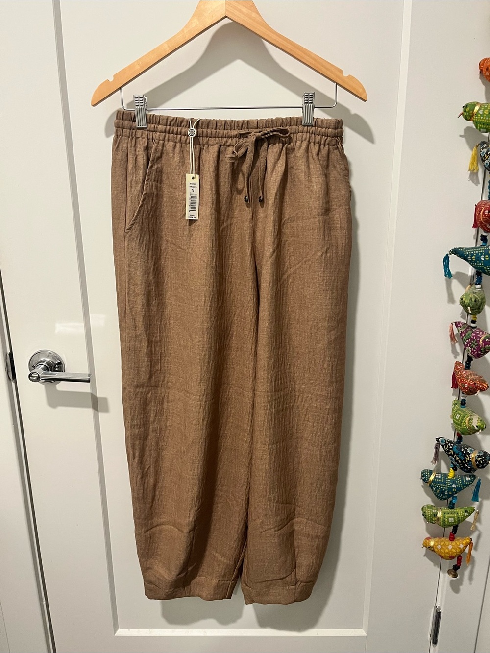 Max Studio Brown Cropped Drawstring Linen-Blend Pants